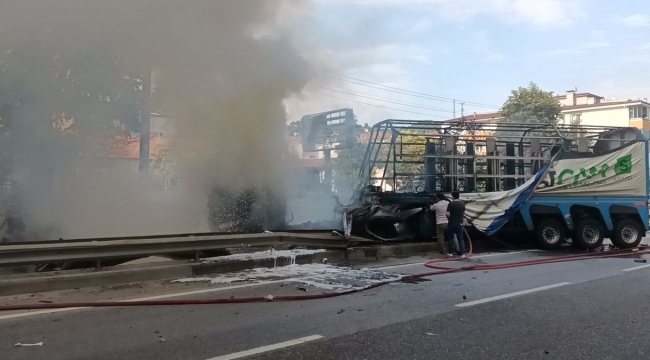 Sakarya'da bariyere çarpan ısıcam yüklü tır yandı